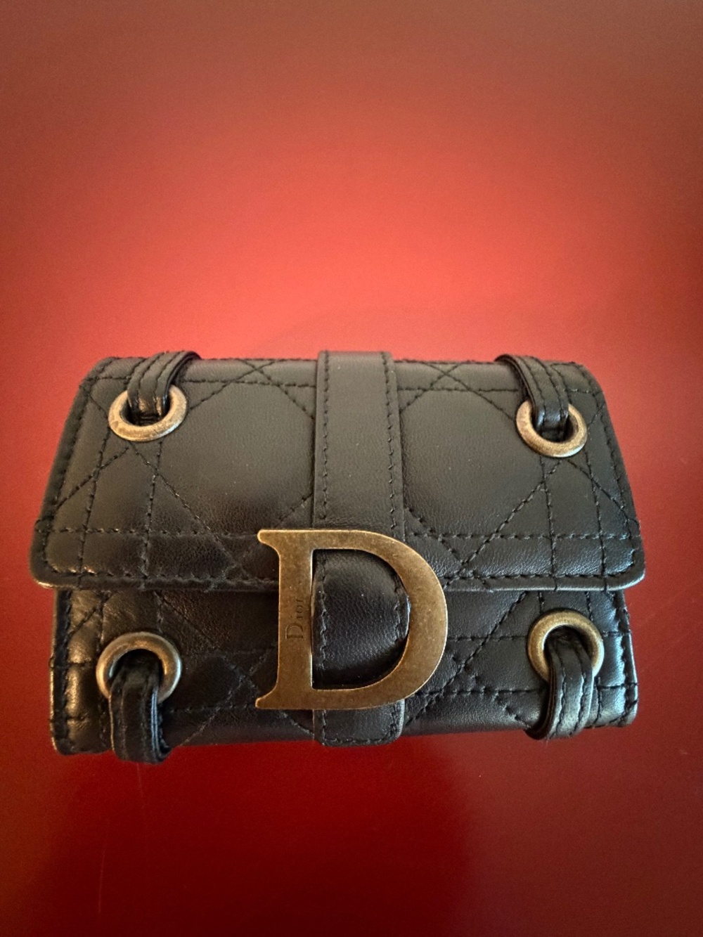 Vintage Christian Dior Cannage Black Leather Wallet Gold D Logo